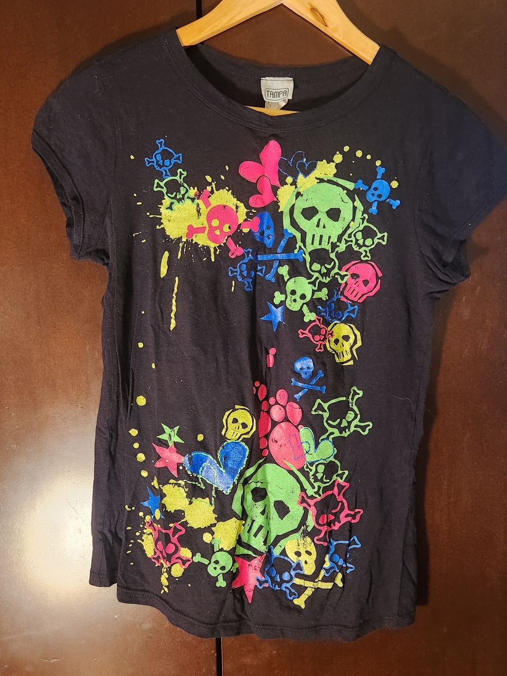 Graphic Skull Tee with Neon Accents Women Size Large
